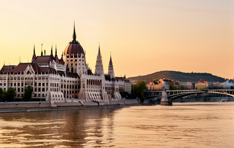 **Prompt:** Picturesque view of the Danube River in Budapest, Hungary, with the Hungarian Parliament Building in the background. Golden hour lighting. Elegant apartment building with balconies overlooking the water. Focus on luxury and lifestyle appeal.