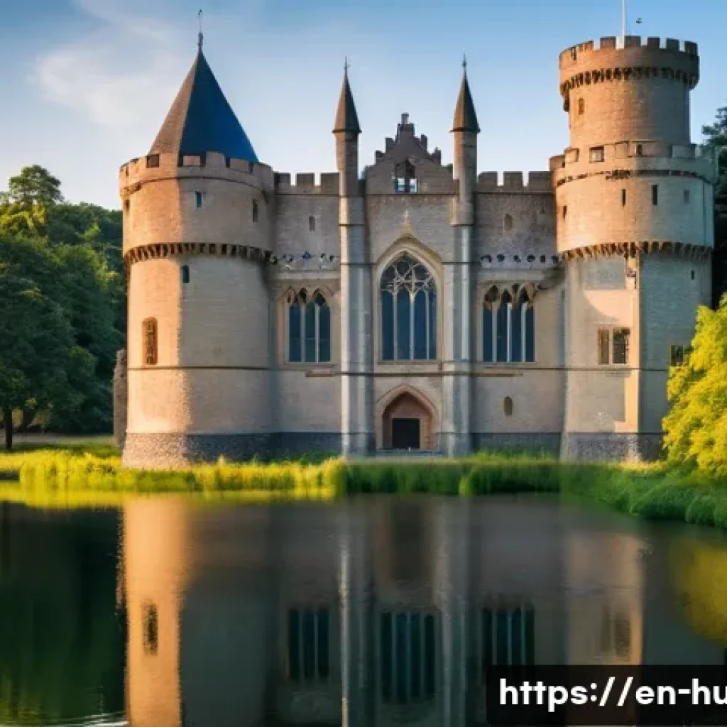 헝가리 타타 성 여행기 - A panoramic view of Tata Castle at golden hour, showcasing its 14th-century Gothic and Renaissance a...