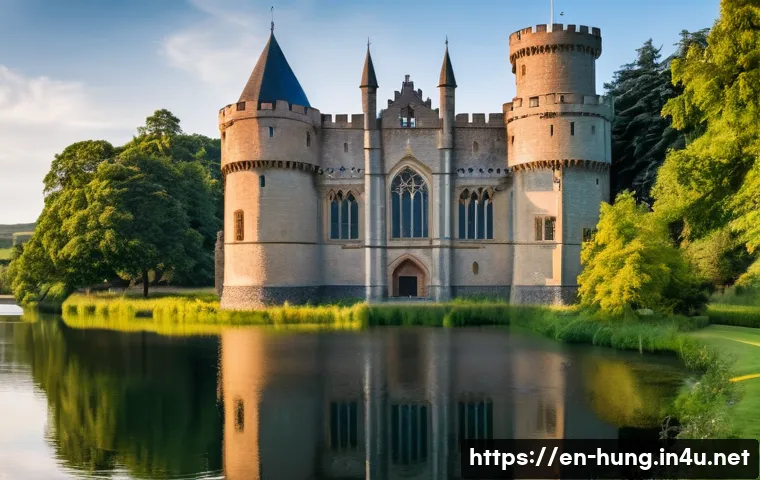 헝가리 타타 성 여행기 - A panoramic view of Tata Castle at golden hour, showcasing its 14th-century Gothic and Renaissance a...