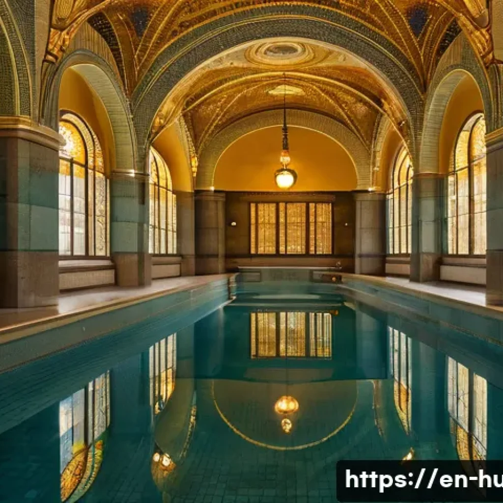 겔레르트 온천 후기 - A grand Art Nouveau indoor thermal bath scene at Gell&eacute;rt Bath, featuring intricate mosaic tile floor...