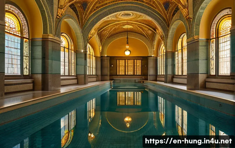 겔레르트 온천 후기 - A grand Art Nouveau indoor thermal bath scene at Gellért Bath, featuring intricate mosaic tile floor...