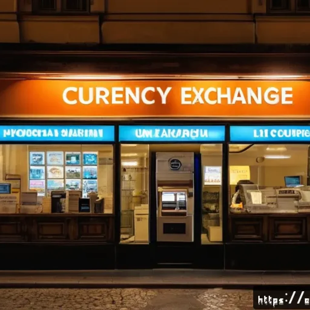 헝가리 환전 팁 - A busy Budapest street scene featuring a well-lit, official valutav&aacute;lt&oacute; (currency exchange office) w...