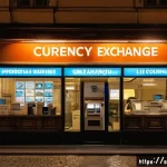 Home 21 헝가리 환전 팁 - A busy Budapest street scene featuring a well-lit, official valutaváltó (currency exchange office) w...