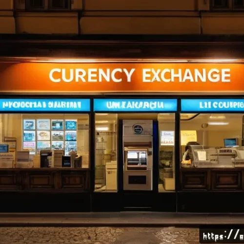 Home 33 헝가리 환전 팁 - A busy Budapest street scene featuring a well-lit, official valutaváltó (currency exchange office) w...