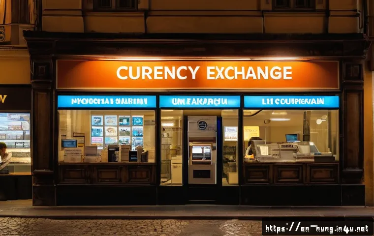헝가리 환전 팁 - A busy Budapest street scene featuring a well-lit, official valutav&aacute;lt&oacute; (currency exchange office) w...