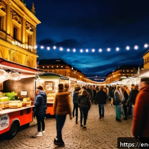 Home 32 헝가리 푸드 투어 - A vibrant street food market scene in Budapest at twilight, featuring a bustling crowd around colorf...