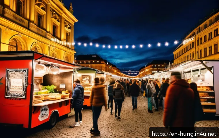 헝가리 푸드 투어 - A vibrant street food market scene in Budapest at twilight, featuring a bustling crowd around colorf...