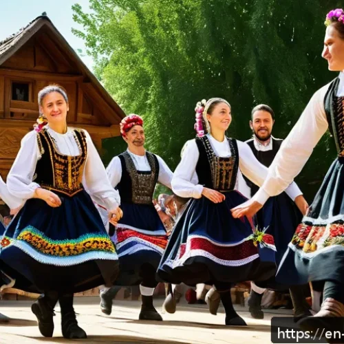 Home 30 헝가리 음악과 전통 춤 - A vibrant Hungarian folk dance scene in a rural village setting during a sunny festival day, featuri...