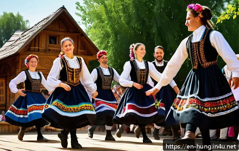 헝가리 음악과 전통 춤 - A vibrant Hungarian folk dance scene in a rural village setting during a sunny festival day, featuri...