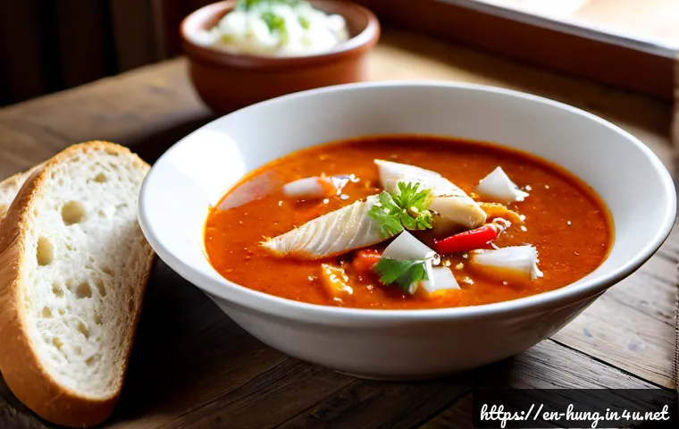 Home 17 헝가리 할라스레 소개 - Photorealistic close-up of traditional Hungarian halászlé fish soup in a rustic ceramic bowl, rich d...
