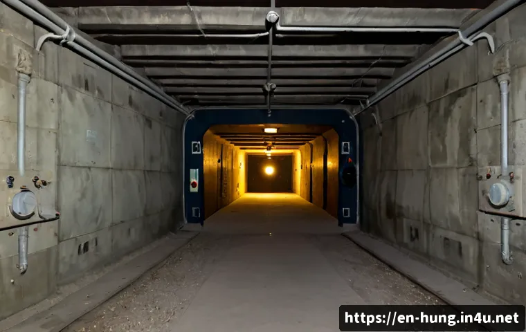 헝가리 스토르코 비밀 벙커 - Photorealistic underground Cold War-era bunker in rural Hungary, heavy steel blast door standing par...